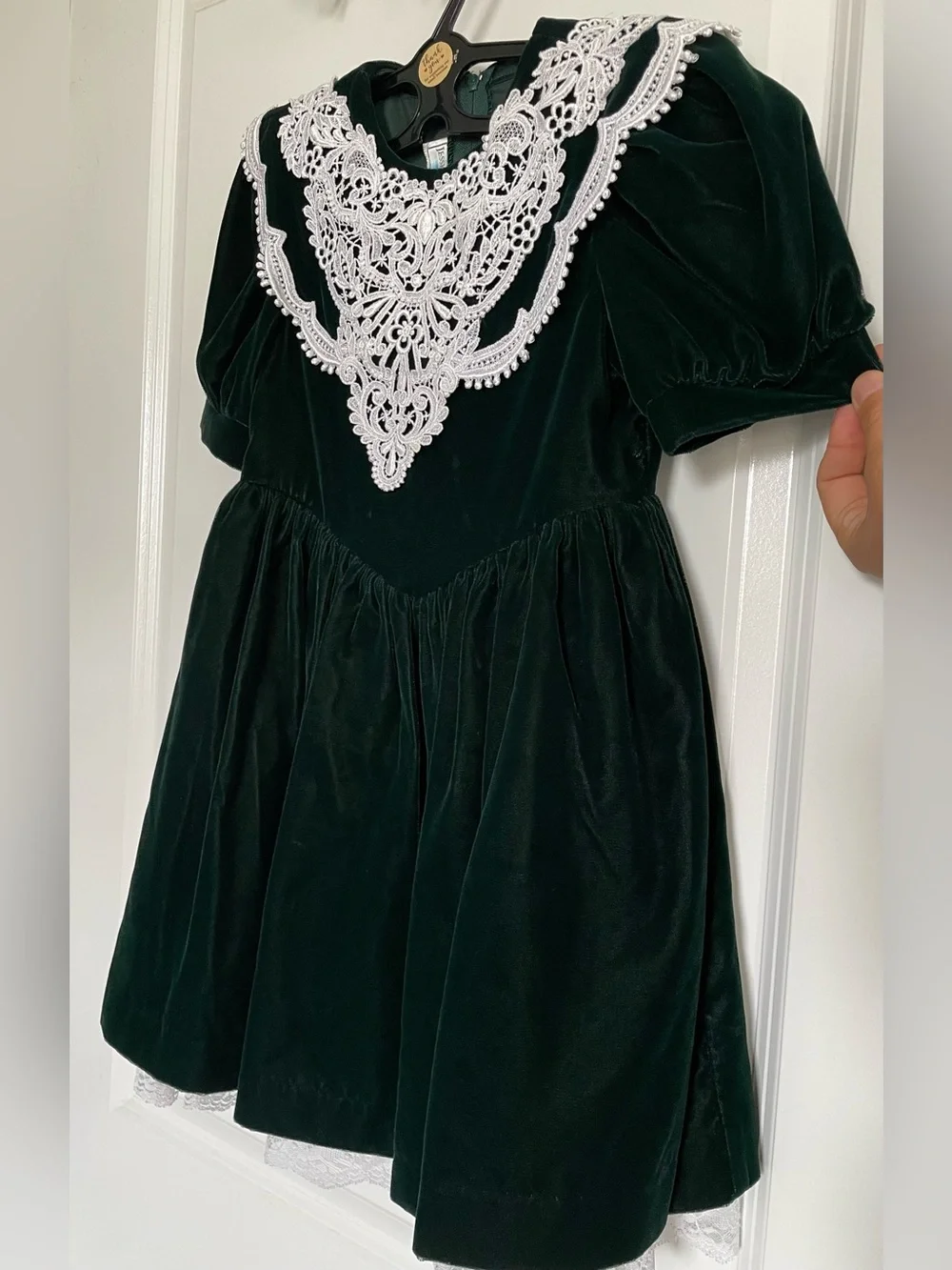 Jessica McClintock Vintage Dress Holiday Girls 4 Green Velvet Lace Puff Holiday